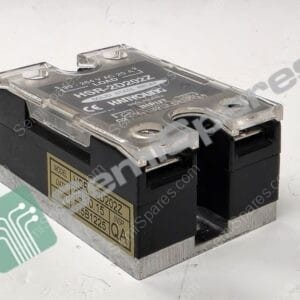 Close-up of a black electrical circuit breaker with a clear protective cover and a label reading model information and LOAD text on the face.