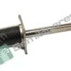 Close-up of a metal precision screw actuator: long threaded shaft with a flange and mounting tabs