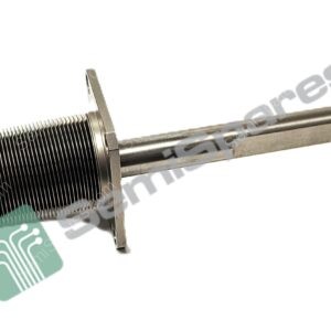 Close-up of a metal precision screw actuator: long threaded shaft with a flange and mounting tabs