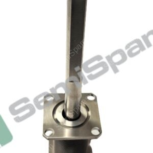 Vertical metal shaft with square cross-section mounted on a round threaded cylinder and mounting flange with holes in corners, likely part of an industrial actuator.