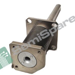 Metal block with a long helical threaded shaft and mounting holes, likely a precision linear actuator component.