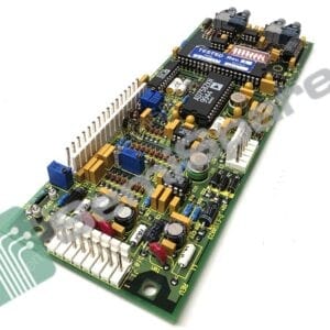 Close-up of a populated printed circuit board with connectors, resistors, capacitors, and integrated circuits at an angle.