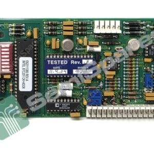 Green printed circuit board densely populated with chips, resistors, capacitors and connectors, labeled 'TESTED Rev'.] ,