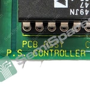 Close-up of a black edge connector with gold pins on a green PCB; yellow silkscreen reads 'PCB ASY' and 'CONTROLLE' with a diagonal watermark.