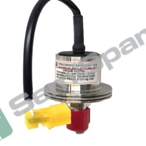 Vacuum switch sensor with a black cable and metal body, showing a label on the side and a yellow connector below.