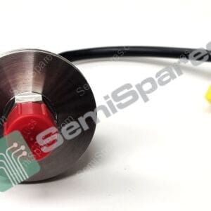 Close-up of a stethoscope chest piece with red valve and black tubing on a white background.