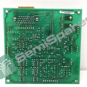 Back view of a green PCB showing solder joints, dense copper traces, and four corner mounting holes with an edge connector at the top edge.