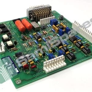 Angled view of a green printed circuit board densely populated with resistors, capacitors, and ICs, featuring multiple edge connectors and a metal pin header at the top center.