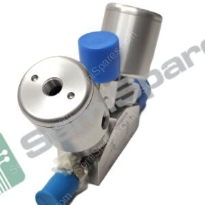 Close-up of a metal valve assembly with a blue plastic cap and connected blue tubing, showing threaded and mechanical features.