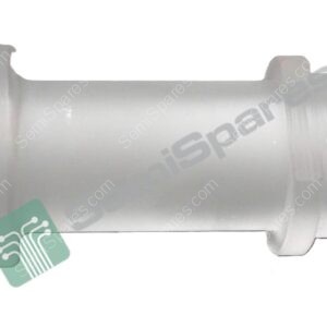 Side view of a white plastic cylindrical component with a threaded connection on the right and a green label sticker partially visible.