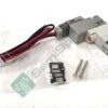 Electro-pneumatic solenoid valve with gray body labeled BV and attached red/black wires on a plastic bag, plus mounting screws and adapters nearby.