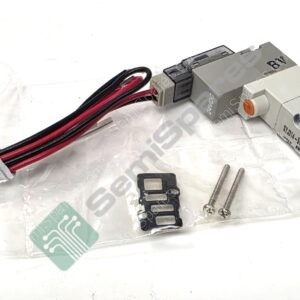 Electro-pneumatic solenoid valve with gray body labeled BV and attached red/black wires on a plastic bag, plus mounting screws and adapters nearby.