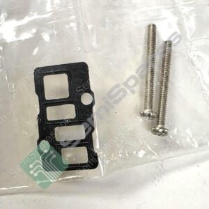 Black gasket with two square cutouts and a circular hole, laid beside two long, threaded screws in a plastic bag.