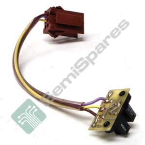 Miniature brown relay with attached yellow and purple wires on a small PCB.